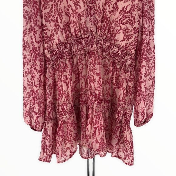 RD Style Pink Print Sheer Long Sleeve Smocked Waist Mini Dress size Large - Picture 3 of 12